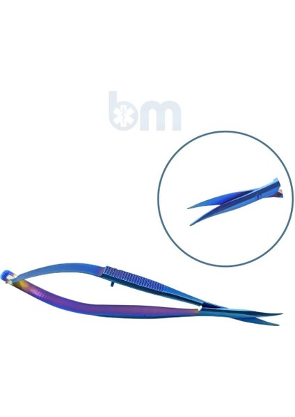 Mikrocerrahi Mavi Uzun Tip Mikro Makas 4.5 Inç Künt Uçlu Avuç Içi Yuvarlak Sap Castroviejo Yaylı Eğitim Materyali