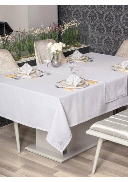 Keten Masa Örtüsü Takımı Pera Beyaz 175X240