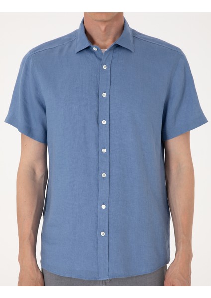 Erkek Mavi %100 Keten Regular Fit Kısa Kollu Gömlek 50305680-VR036