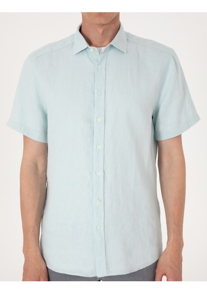 Erkek Su Yeşili %100 Keten Regular Fit Kısa Kollu Gömlek 50305680-VR115
