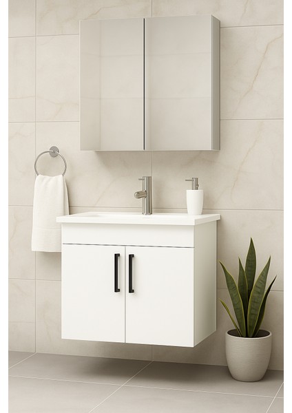Liventa 65 cm Mdf Beyaz Renkli Seramik Lavabolu Banyo Dolabı Takımı modelleri