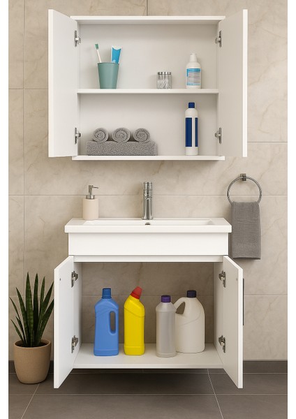 Liventa 65 cm Mdf Beyaz Renkli Seramik Lavabolu Banyo Dolabı Takımı fırsatları