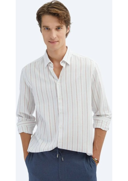 Kiremit Çizgili Regular Fit Dokuma Casual %100 Pamuk Gömlek