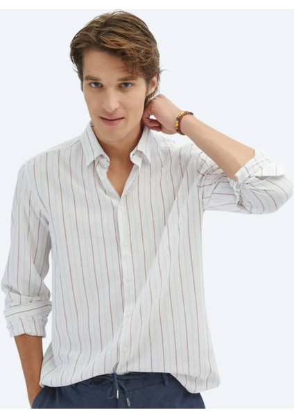 Kiremit Çizgili Regular Fit Dokuma Casual %100 Pamuk Gömlek