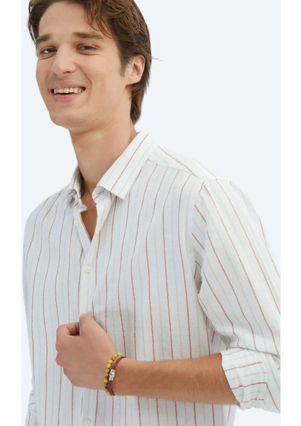 Kiremit Çizgili Regular Fit Dokuma Casual %100 Pamuk Gömlek