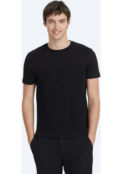 Siyah Düz Bisiklet Yaka %100 Pamuk T-Shirt