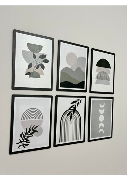 6'lı Geometrik ve Doğa Temalı Siyah Çerçeveli Modern Duvar Tablosu Seti