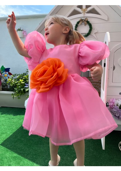 Rose- Pembe Şifon Kısa Kollu Kız Çocuk Elbisesi
