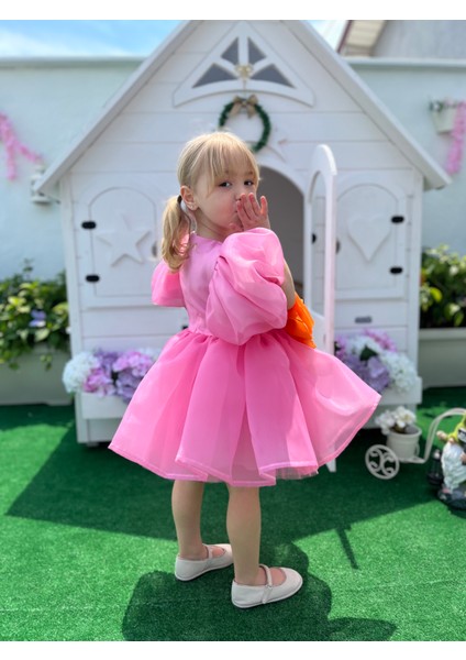 Rose- Pembe Şifon Kısa Kollu Kız Çocuk Elbisesi