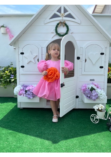 Rose- Pembe Şifon Kısa Kollu Kız Çocuk Elbisesi