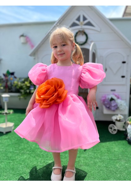 Rose- Pembe Şifon Kısa Kollu Kız Çocuk Elbisesi
