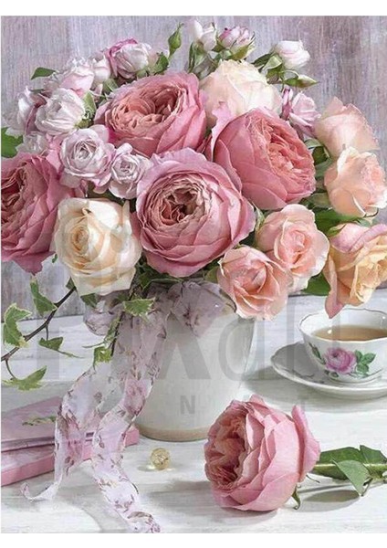 Pudra Gül Buketi 30 *40 cm Pixart Sanat Elmas Mozaik Tablo Diamond Türkiye