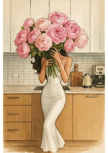 Çiçekler ve Kadın Pixart Sanat Elmas Mozaik Tablo 30X40