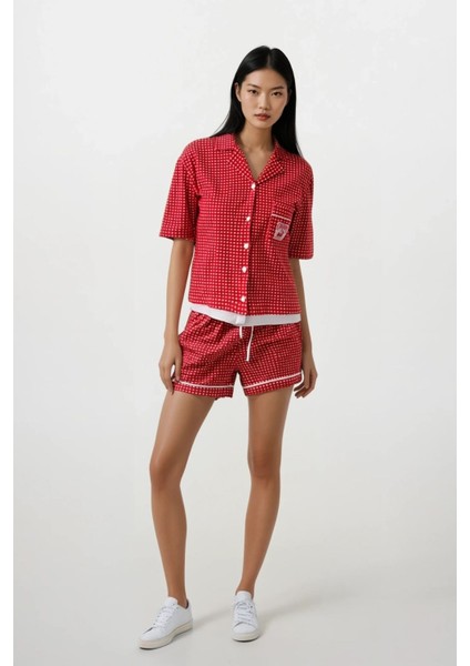 Kadın Kırmızı Pitikare Desenli Bebe Yaka Kısa Kol Şort Pijama Takımı