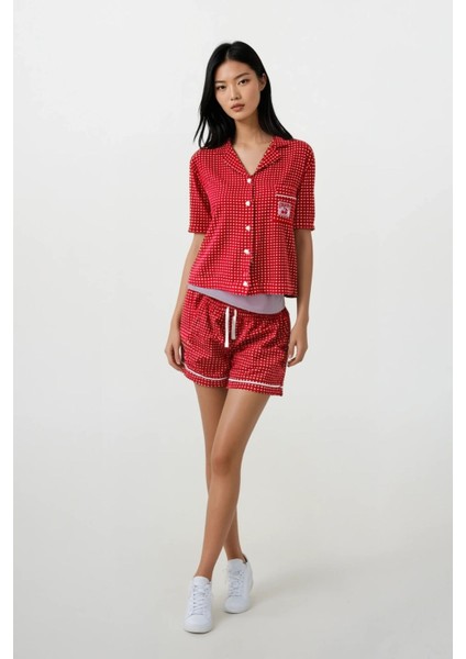 Kadın Kırmızı Pitikare Desenli Bebe Yaka Kısa Kol Şort Pijama Takımı fiyatları