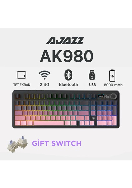 AK980 Kablosuz Hot-Swap Tft Ekranlı Mekanik Oyun Klavyesi 8.000 Mah Batarya Pembe - Gift Switch