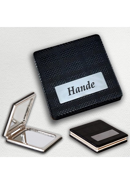 Kişiye Özel İsim Baskılı Kare Deri Ayna Çanta, Cep ve Makyaj Aynası