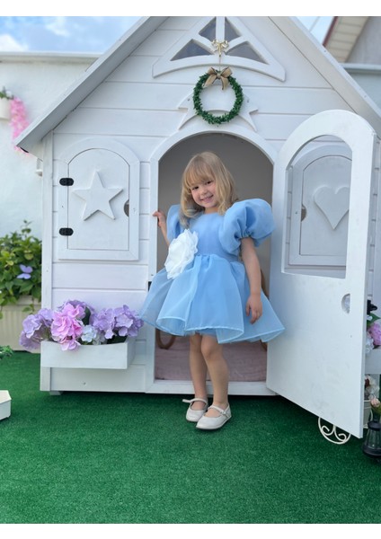 Rose- Mavi Şifon Kısa Kollu Kız Çocuk Elbisesi