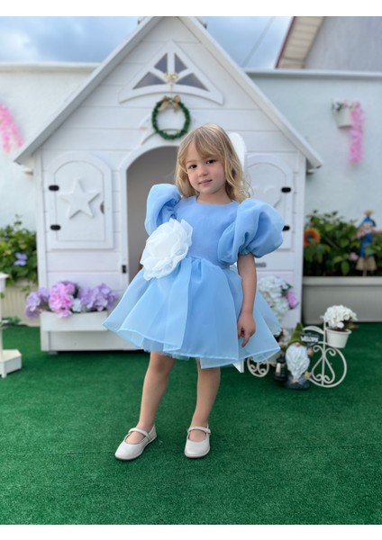 Rose- Mavi Şifon Kısa Kollu Kız Çocuk Elbisesi modelleri