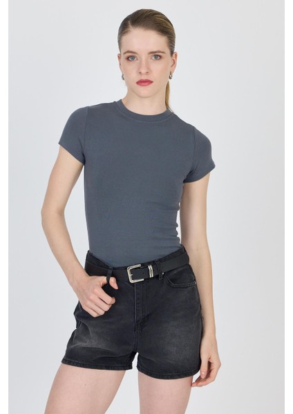 Antrasit Bisiklet Yaka Viskoz/yumuşak Kumaş Slim Fit Tişört 1468