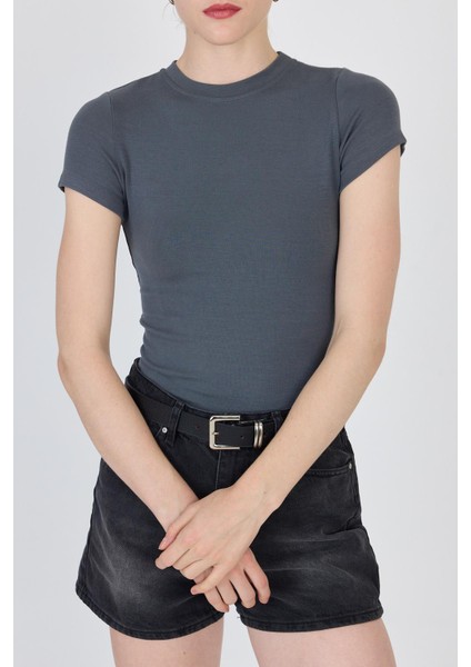 Antrasit Bisiklet Yaka Viskoz/yumuşak Kumaş Slim Fit Tişört 1468 fırsatları