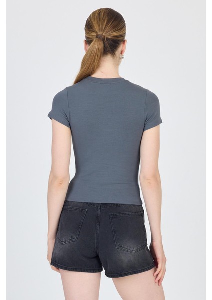 Antrasit Bisiklet Yaka Viskoz/yumuşak Kumaş Slim Fit Tişört 1468 indirimleri