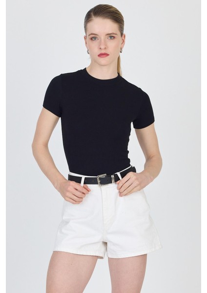 Siyah Bisiklet Yaka Viskoz/yumuşak Kumaş Slim Fit Tişört 1468