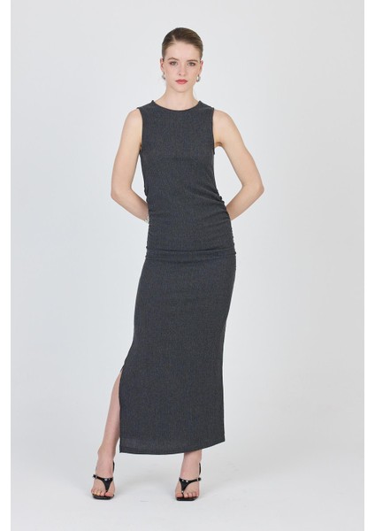 Füme Bisiklet Yaka Yanları Büzgülü Uzun Elbise 1489