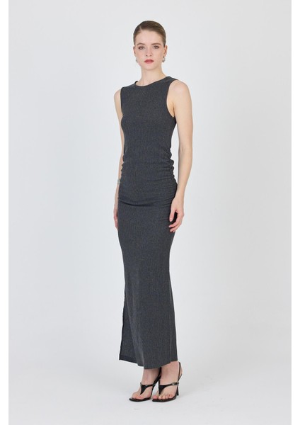 Füme Bisiklet Yaka Yanları Büzgülü Uzun Elbise 1489 fiyatları