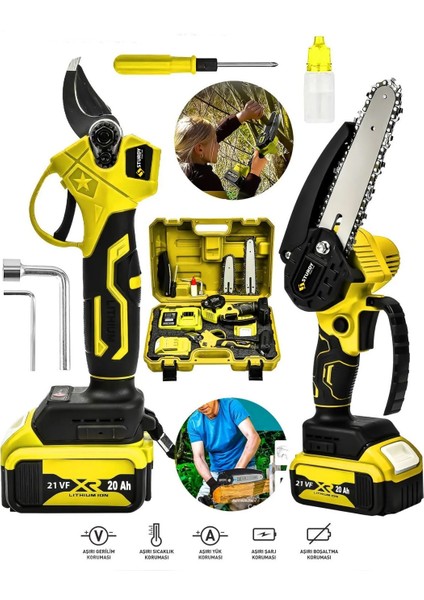 21VOLT Çift Akülü Çelik Şanzıman Dal Budama Makası & Testeresi 2 Li Set 2 Pala 2 Zincir