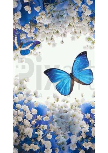 Beyaz Çiçekler Içindeki Mavi Kelebekler Pixart Sanat Elmas Mozaik Tablo Diamond Türkiye 45*82