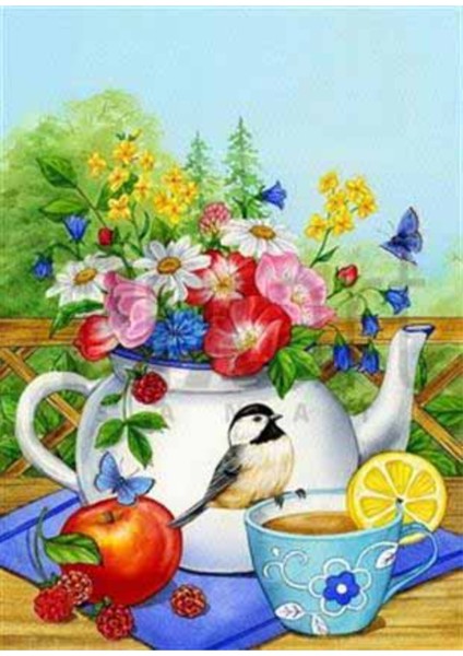 Çaydanlıktaki Çiçekler Pixart Sanat Elmas Mozaik Tablo Diamond Türkiye 41*56