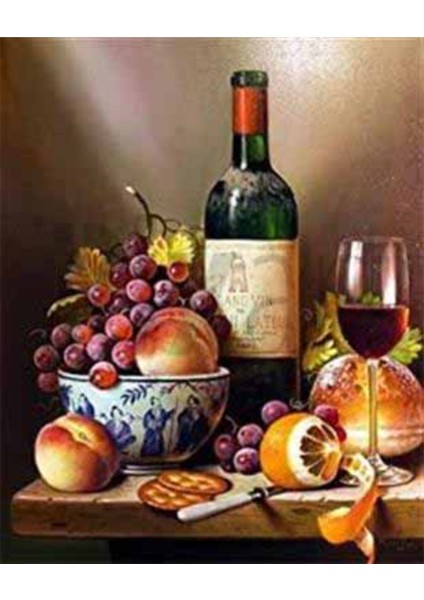 Çini Tabakta Meyveler ve Şarap Pixart Sanat Elmas Mozaik Tablo Diamond Türkiye 41*51