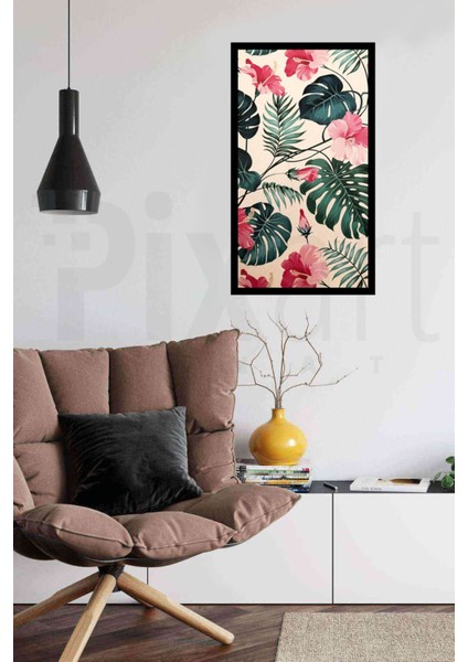 Pembe Cicekli Hawai Desen 40 x 60 Elmas Mozaik Tablo
