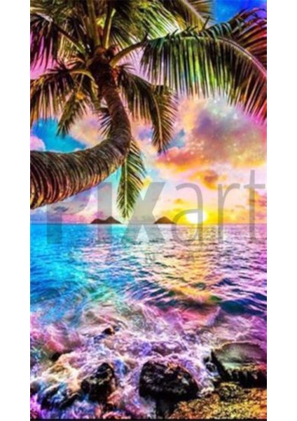 Renkli Deniz Gün Batımı Pixart Sanat Elmas Mozaik Tablo Diamond Türkiye 33 x 58 cm