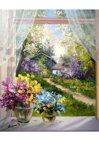 Çiçekli Pencere Pixart Sanat Elmas Mozaik Tablo Diamond Türkiye 48 x 58 cm