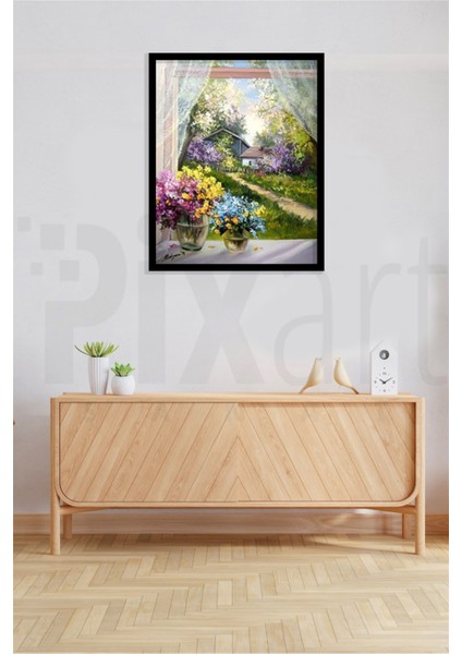 Çiçekli Pencere Pixart Sanat Elmas Mozaik Tablo Diamond Türkiye 48 x 58 cm modelleri