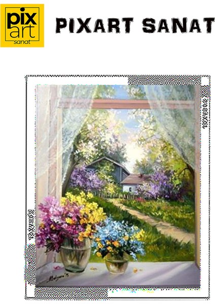Çiçekli Pencere Pixart Sanat Elmas Mozaik Tablo Diamond Türkiye 48 x 58 cm fırsatları