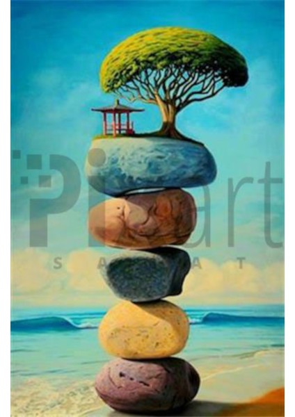 Renkli Taşlar ve Ağaç Pixart Sanat Elmas Mozaik Tablo Diamond Türkiye 43 x 66 cm