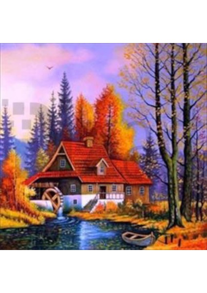 Sonbahar Ahşap Ev Pixart Sanat Elmas Mozaik Tablo Diamond Türkiye 56*56