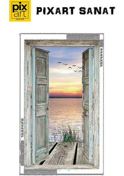 Ahşap Kapı Manzarası Pixart Sanat Elmas Mozaik Tablo Diamond Türkiye 41 x 69 cm
