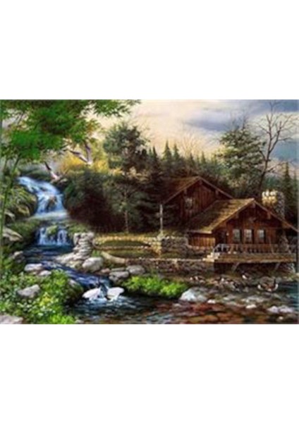 Dere Boyu ve Ahşap Ev Pixart Sanat Elmas Mozaik Tablo Diamond Türkiye 66 x 51 cm