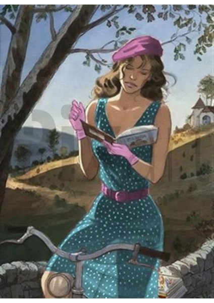 Bisiklette Kitap Okuyan Kadın Pixart Sanat Elmas Mozaik Tablo Diamond Türkiye 53 x 74 cm