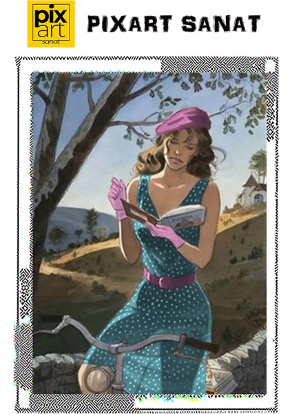 Bisiklette Kitap Okuyan Kadın Pixart Sanat Elmas Mozaik Tablo Diamond Türkiye 53 x 74 cm fırsatları