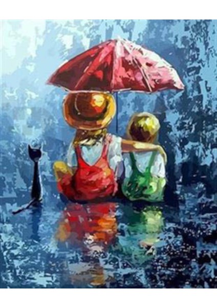 Şemsiye Altında Çocuklar Pixart Sanat Elmas Mozaik Tablo Diamond Türkiye 63*76