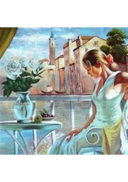 Masadaki Kadın Pixart Sanat Elmas Mozaik Tablo Diamond Türkiye 51 x 51 cm
