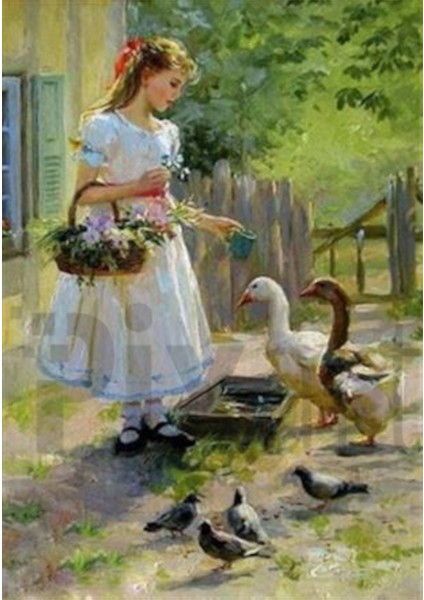 Bahçede Ördek Besleyen Kız Pixart Sanat Elmas Mozaik Tablo Diamond Türkiye 43*60