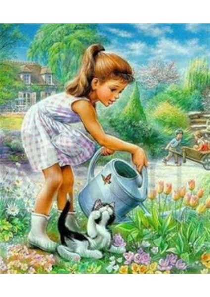 Çiçekleri Sulayan Küçük Kız Pixart Sanat Elmas Mozaik Tablo Diamond Türkiye 50*58