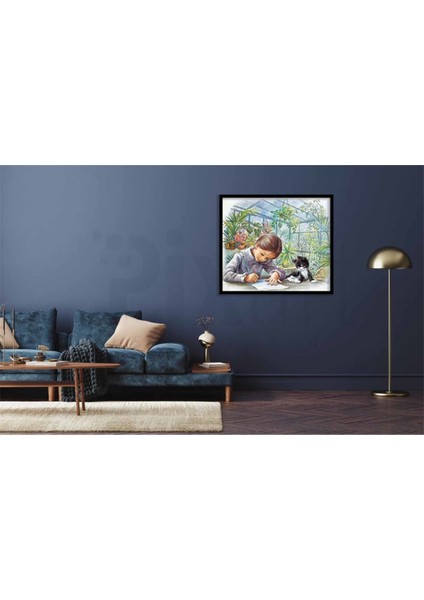Resim Çizen Kız ve Kedisi Pixart Sanat Elmas Mozaik Tablo Diamond Türkiye 66*58 modelleri