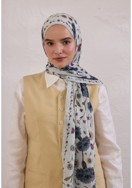 Bloomıng Dahlıa Desen Rami Şal Soft Mavi